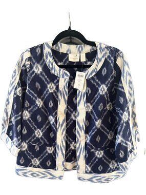 Chico's Ikat Jacquard Open Front Jacket 0 US 4 Small Navy Blue Cream Cotton NWT
